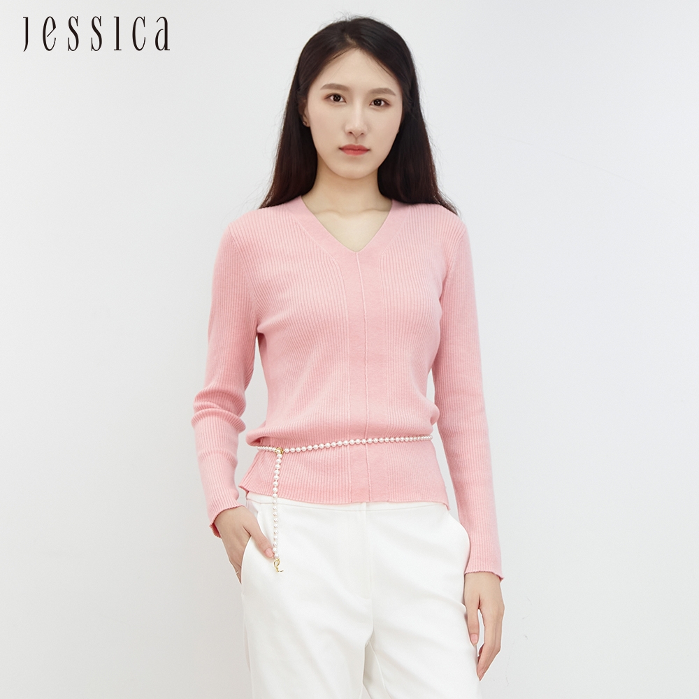 JESSICA - 簡約百搭舒適修身V領長袖針織衫J30534（粉）