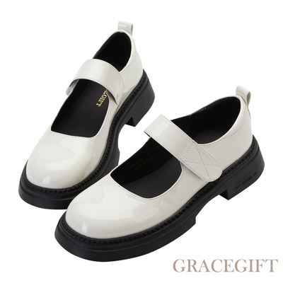 【Grace Gift】魔鬼氈俏皮圓頭瑪莉珍鞋 米白