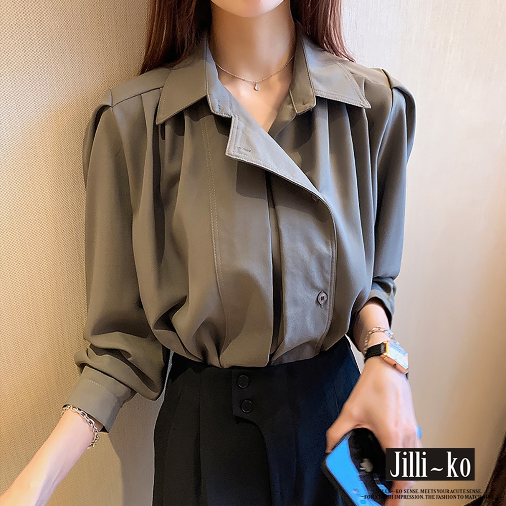 JILLI-KO 風衣造型設計感泡泡袖翻領襯衫- 灰色