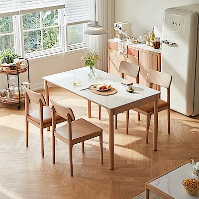 林氏木業日出印象實木岩板1.6M餐桌 TS1R+實木餐椅 TS1S (一桌四椅) (H014360397)