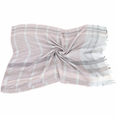 FABIANA FILIPPI 莫代爾羊毛混紡金蔥格紋流蘇圍巾(灰粉色)