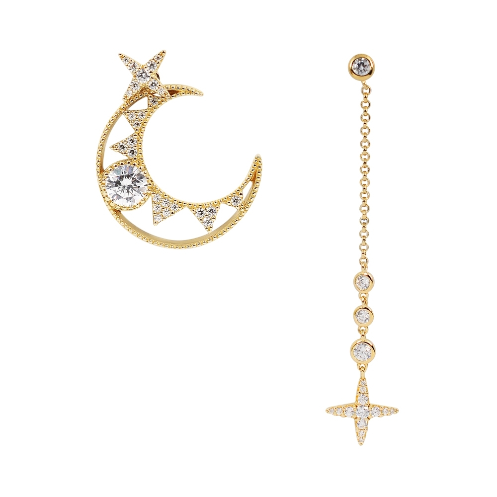 apm MONACO法國精品珠寶 閃耀鑲鋯星月金色垂墜不對稱耳環