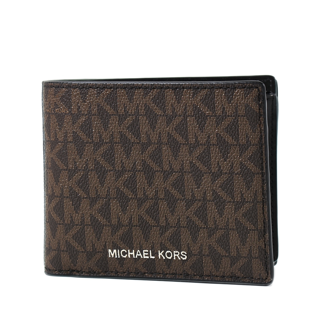 MICHAEL KORS 男款 銀字緹花LOGO防刮皮革零錢袋短夾-咖啡色