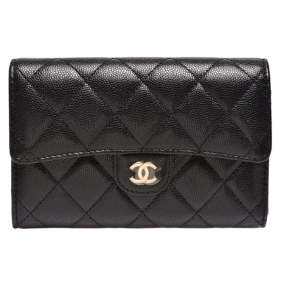 chanel 經典金色金屬雙c logo菱格粒紋牛皮暗釦三折中夾(黑)