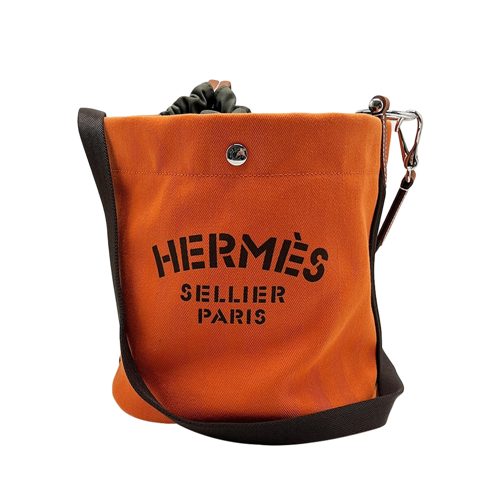 Hermes SELLIER系列 帆布可拆內袋銀釦水桶肩背包(橘)