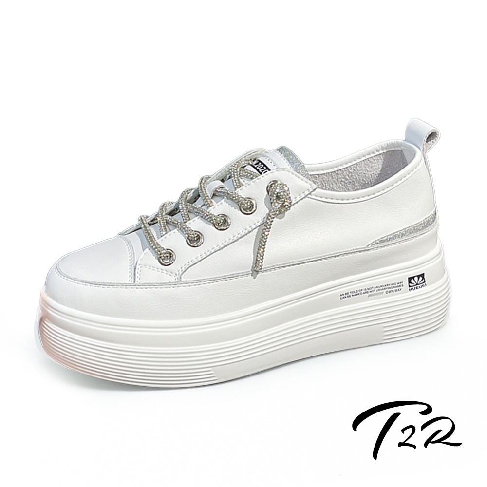 T2R-正韓空運-真皮水鑽綁帶厚底休閒鞋-增高約6公分-黑/白 (白色)