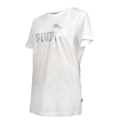 PUMA ESS+ METALLIC 女基本系列短袖T恤-歐規 休閒 慢跑 上衣 純棉 84830302 白銀
