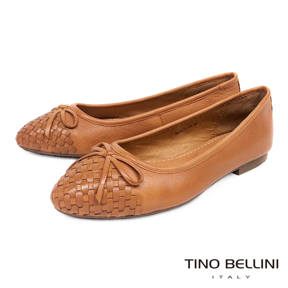 Tino Bellini 細緻皮革編織小蝴蝶結娃娃鞋 _ 棕