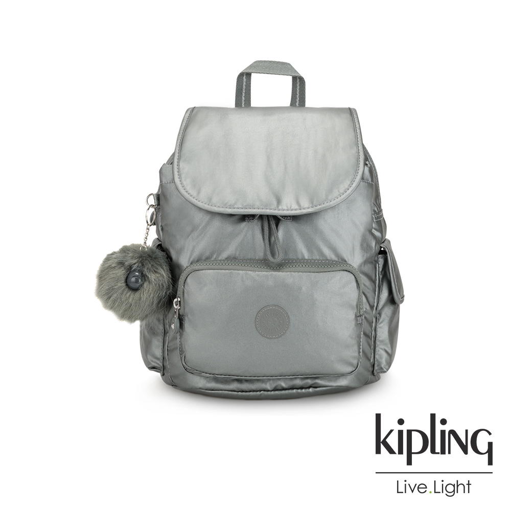 Kipling 金屬墨灰色拉鍊掀蓋後背包-CITY PACK S