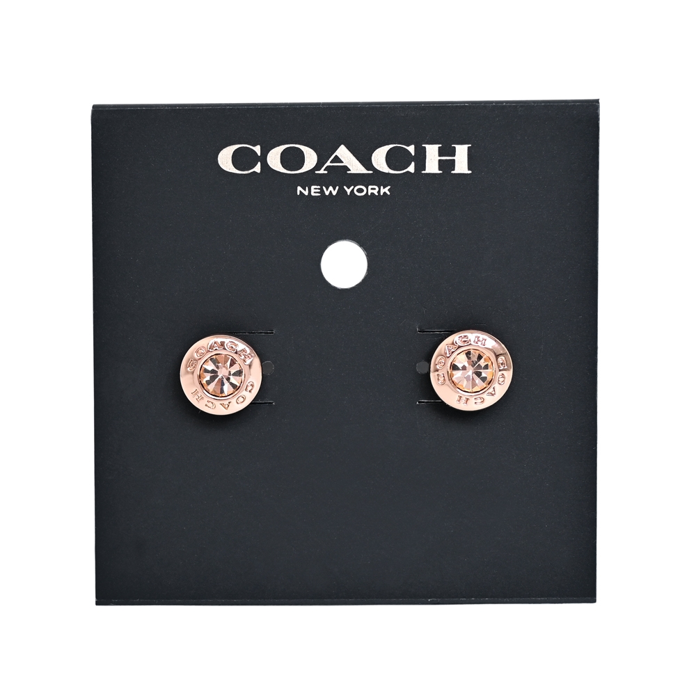 COACH玫瑰金單鑽刻字圓牌針式耳環