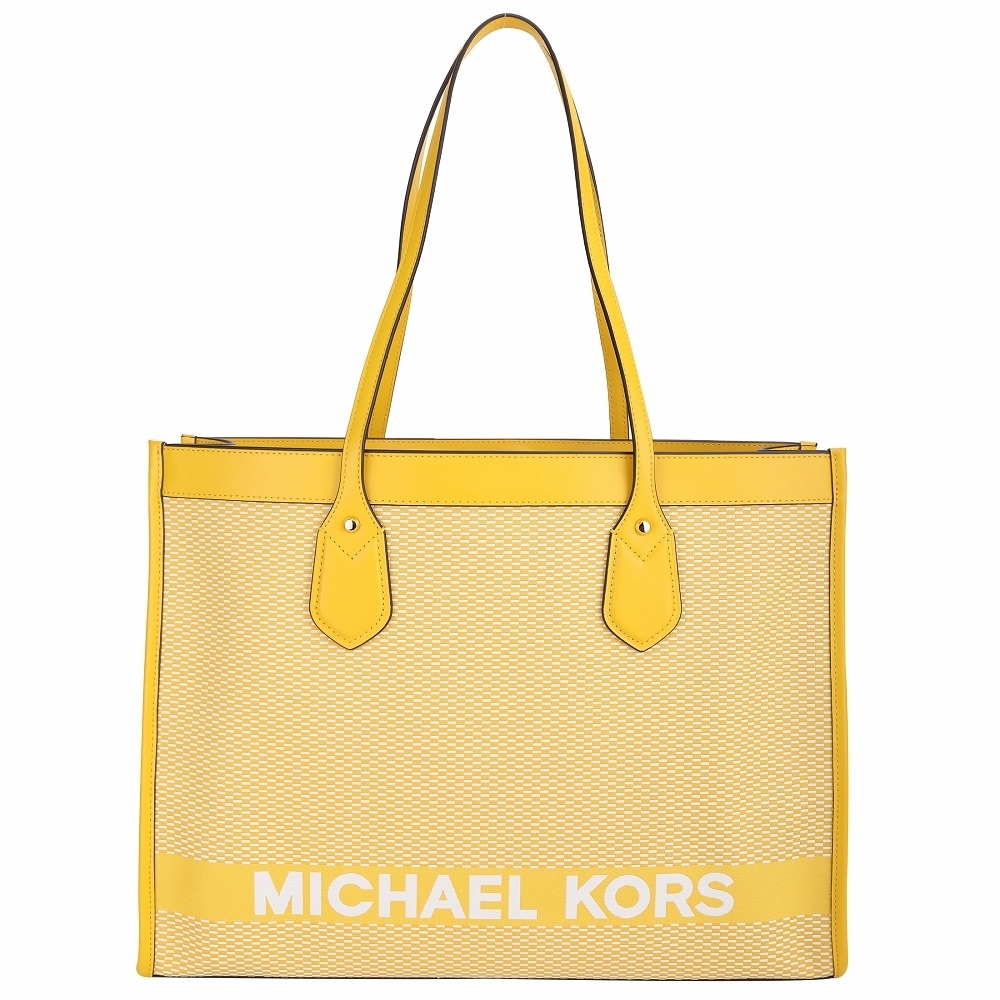 Michael Kors Bay 大款  雙色編織帆布拼接牛皮托特包(黃白色)