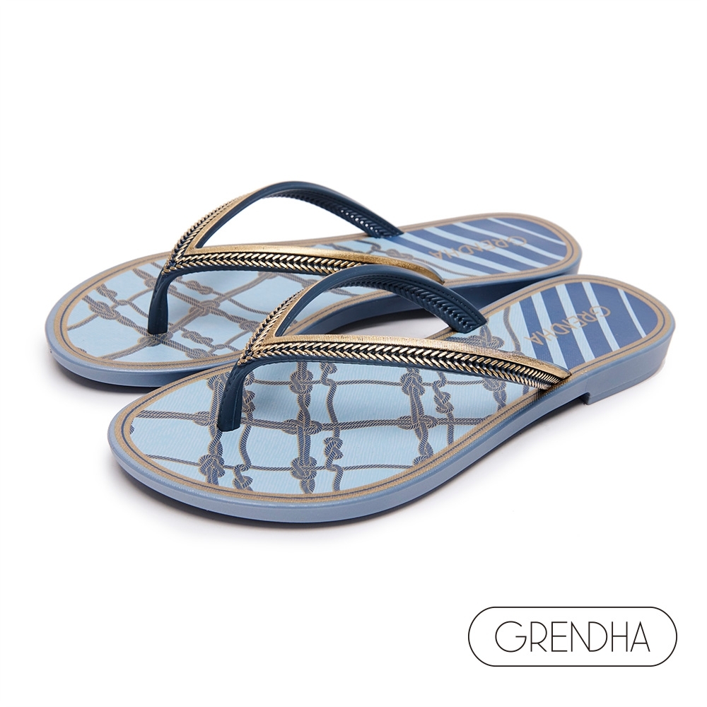 Grendha 海洋風結繩圖飾人字鞋-藍色/金