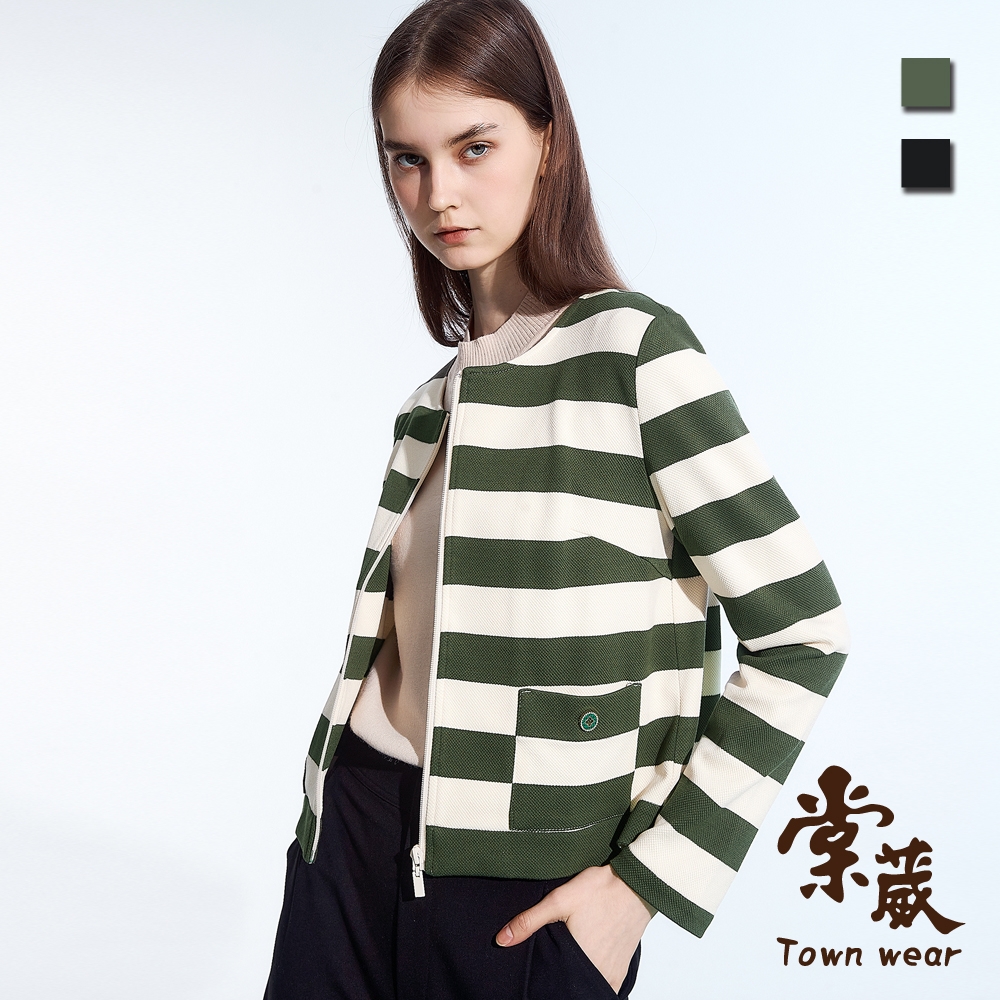 【TOWNWEAR棠葳】質感條紋鑽飾短版外套 2色(女上衣/女上著/撞色/口袋/外套)