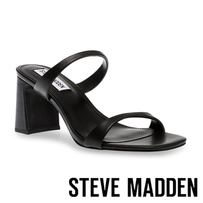 STEVE MADDEN-ZIYA 皮革雙帶方頭粗跟涼鞋-黑色