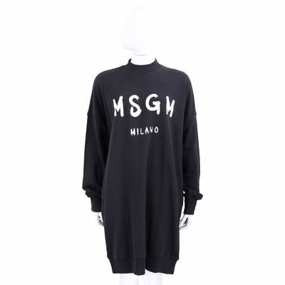 MSGM 塗鴉白字母刷毛襯裡純棉立領黑色長版運動衫 洋裝