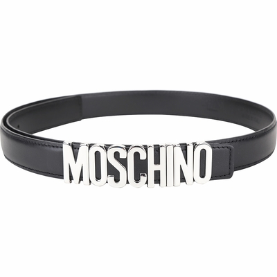 MOSCHINO 25mm 拋光銀字母光滑小牛皮單釦腰帶(黑色)