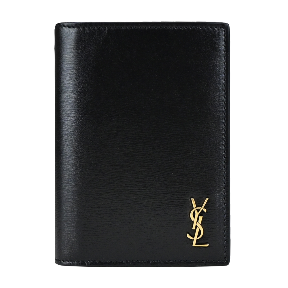 YSL SAINT LAURENT素面牛皮LOGO對開中夾(黑/金)