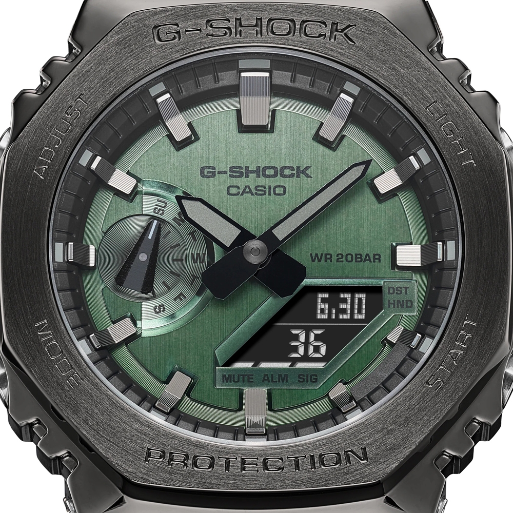 CASIO卡西歐G-SHOCK 沉穩灰綠金屬錶殼八角形錶殼GM-2100B-3A_44.4mm