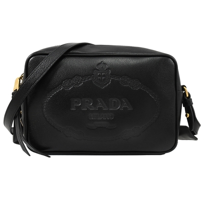 PRADA Jacquard 復古花紋LOGO烙印小牛皮斜背拉鍊方包/相機包(黑)