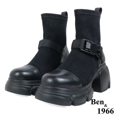 Ben&1966高級彈力牛仔布拼接牛皮磁吸側釦休閒短靴-黑(237211)