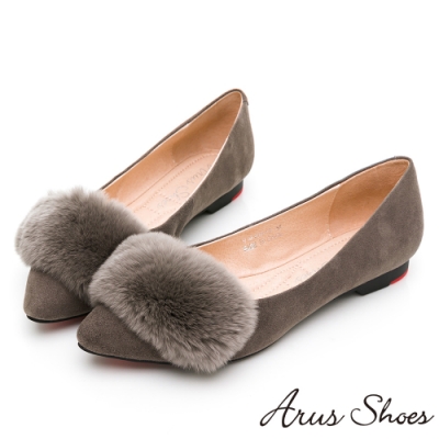 Arus-真皮絨毛奢華貴婦風秋冬尖頭平底包鞋-灰色