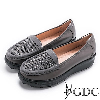 GDC-真皮秋冬閃爍水鑽舒適厚底休閒鞋-深灰色