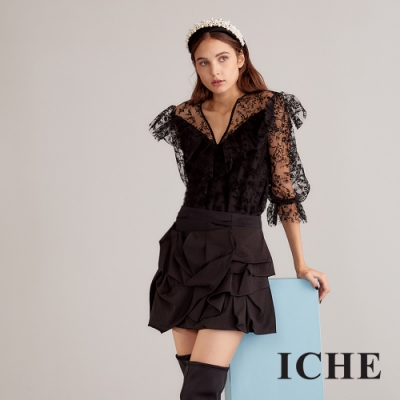 ICHE衣哲 設計款抓摺抽皺時尚造型裙-墨黑