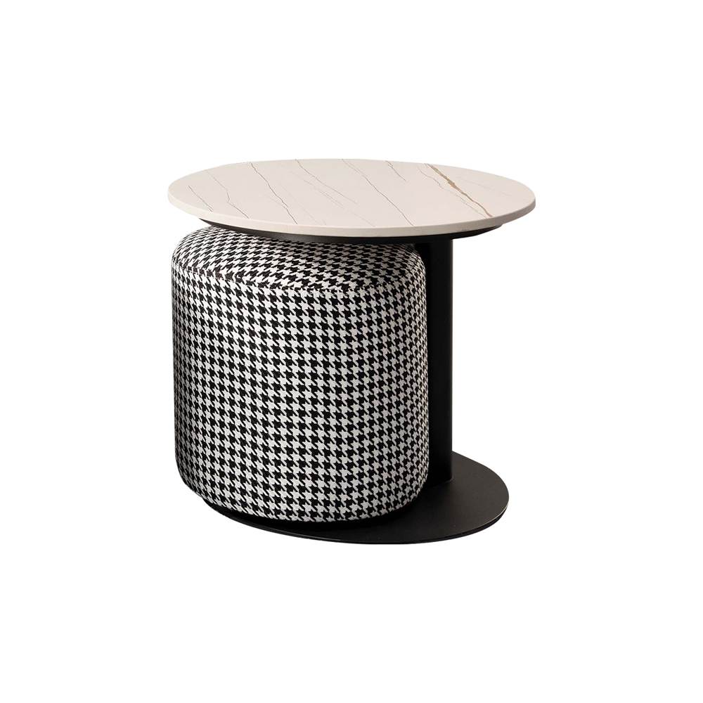 Boden-康絲坦1.3尺圓形岩板小茶几/邊几/邊桌-附千鳥格紋小椅凳-40x40x40cm
