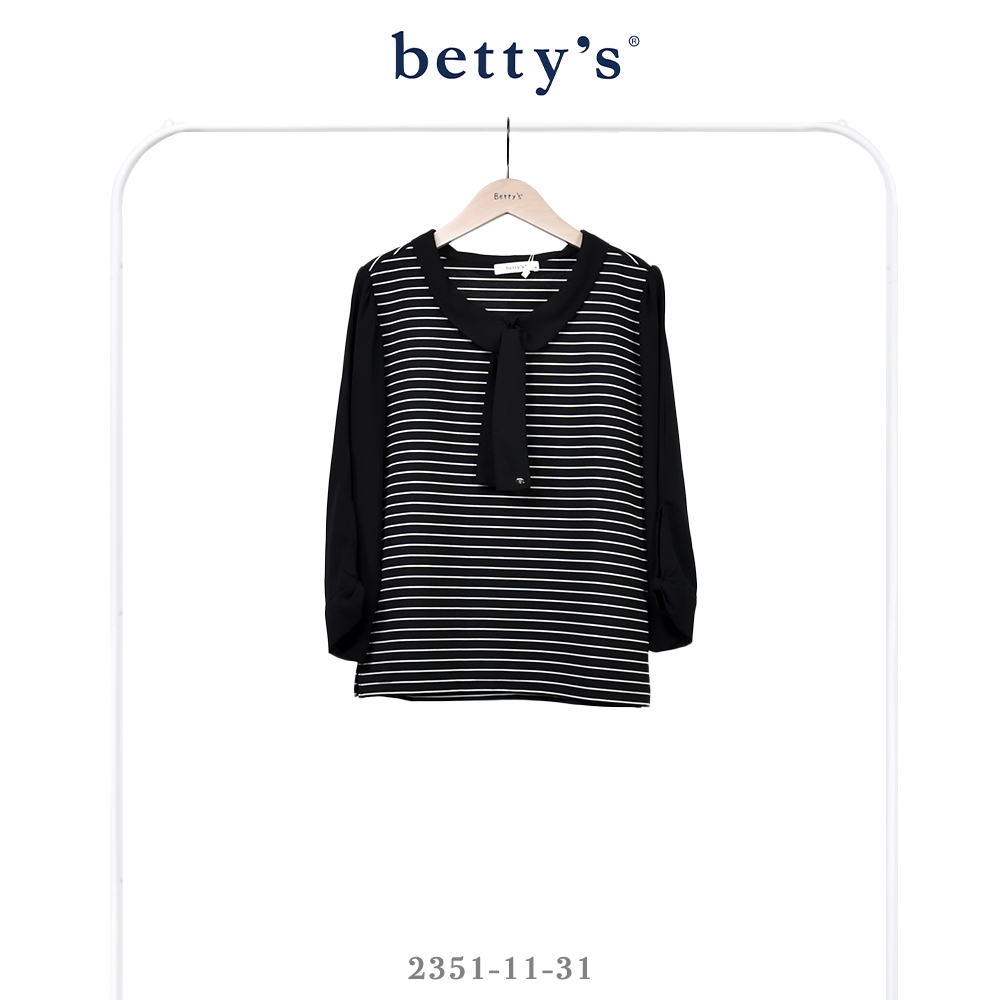 betty’s貝蒂思 雪紡綁帶小立領拼接條紋七分袖T-shirt(共二色) (黑色)