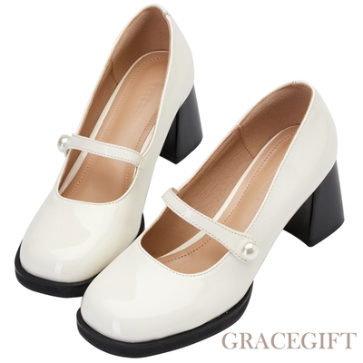 【Grace Gift】時尚圓頭漆皮珍珠中高跟瑪莉珍鞋 米白漆