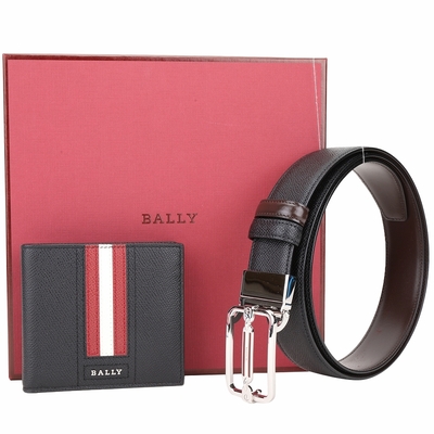 BALLY 紅白條紋牛皮八卡短夾/雙面用腰帶禮盒(黑x咖啡)