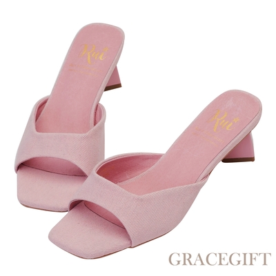 【Grace Gift】小貓聯名-甜甜奶油方塊丹寧中跟拖鞋 粉紅