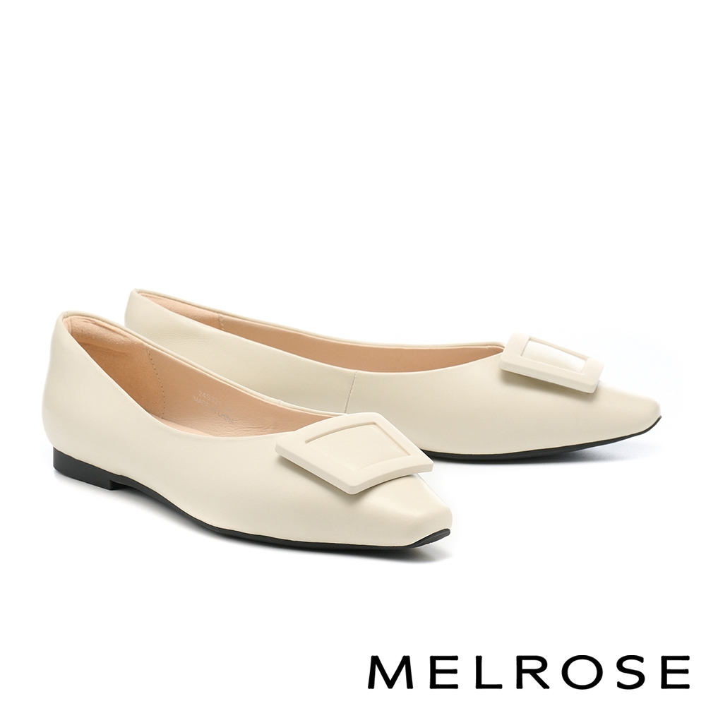 平底鞋 MELROSE 美樂斯 俐落方釦全真皮小方頭平底鞋－白