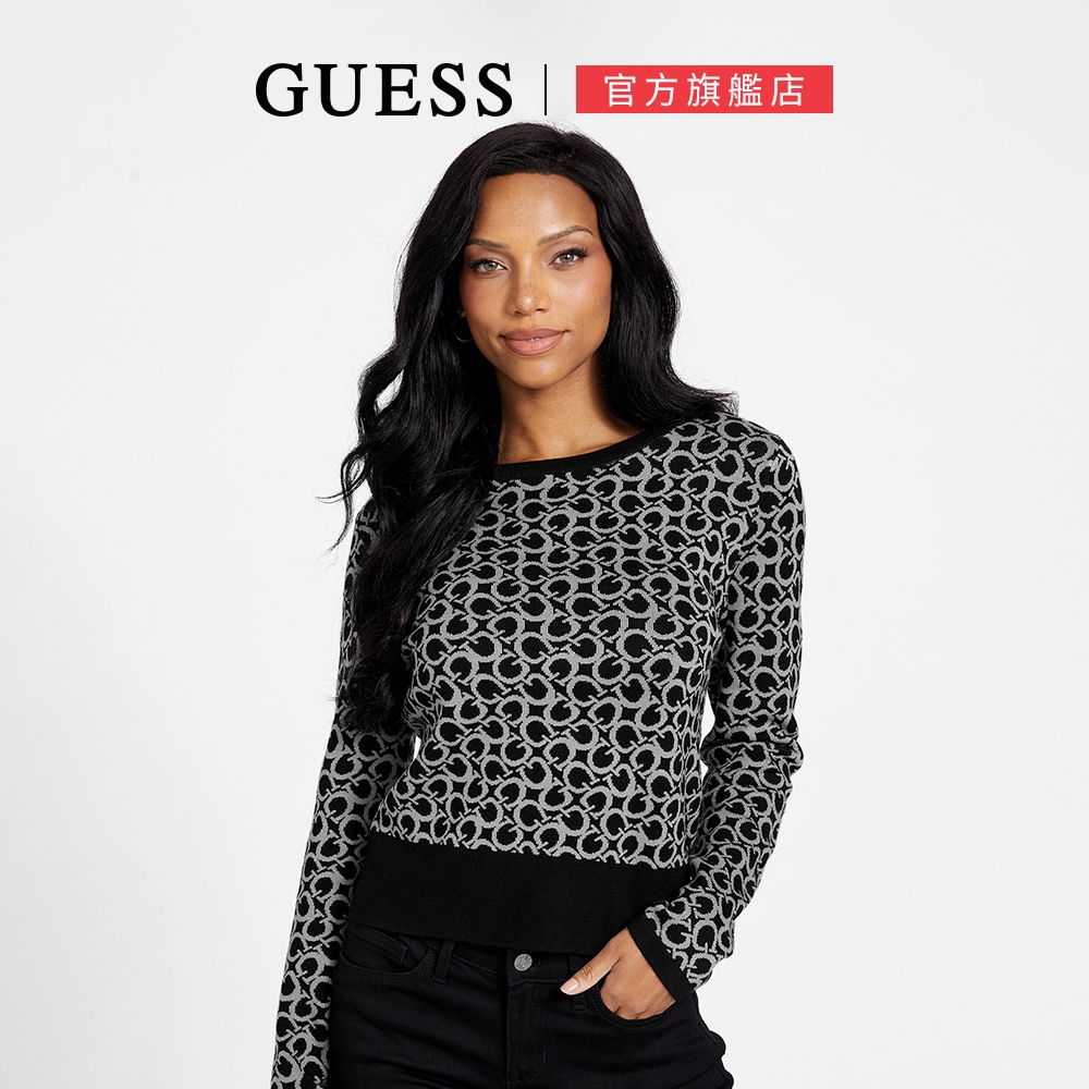 【GUESS】滿版印花針織長袖圓領毛衣-灰黑