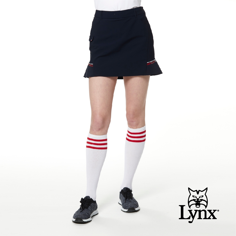 【Lynx Golf】Korea 女款織帶設計線條搭配休閒短裙-深藍色