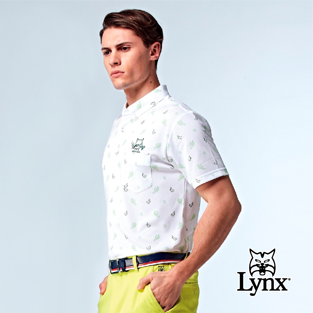 【Lynx Golf】男款吸濕排汗胸袋款領尖扣仙人掌印花短袖POLO衫-白色