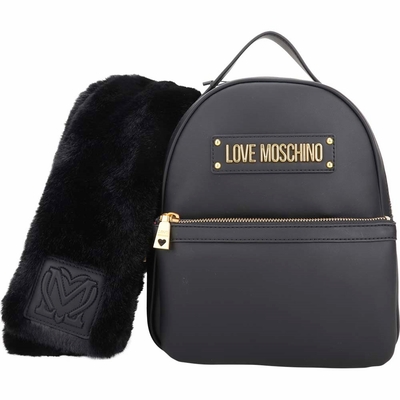 LOVE MOSCHINO 附可拆皮草圍巾字母皮革後背包(黑色)