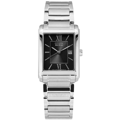 CITIZEN / 光動能 復古方型 羅馬刻度 日期 不鏽鋼手錶-黑色/26mm