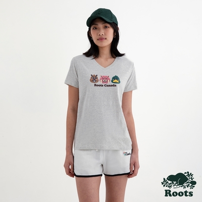 Roots 女裝- BUDDY FRIENDS V領短袖T恤-白麻灰