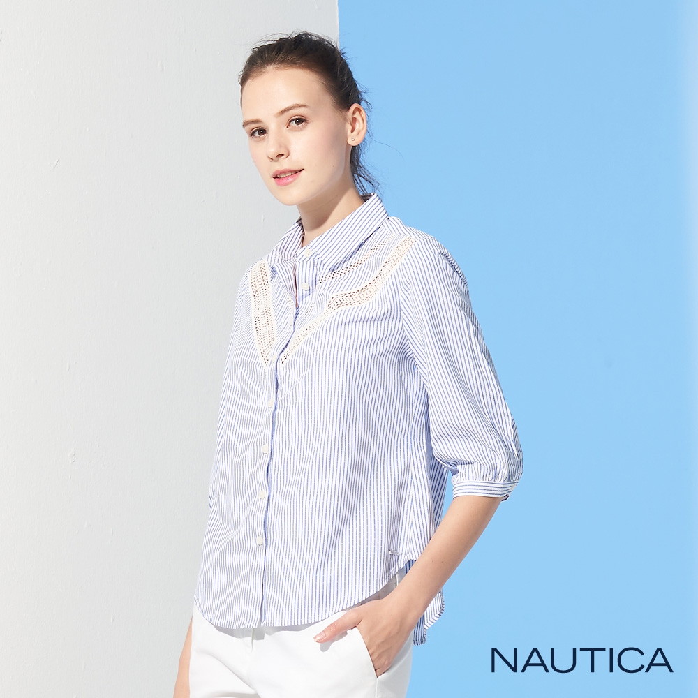 Nautica 女裝縷空蕾絲修身七分袖襯衫-淺藍