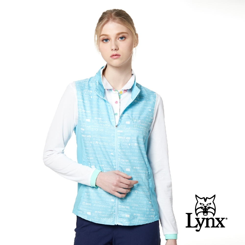 【Lynx Golf】女款輕潑水後背透氣設計文字印花無袖背心-淺藍色