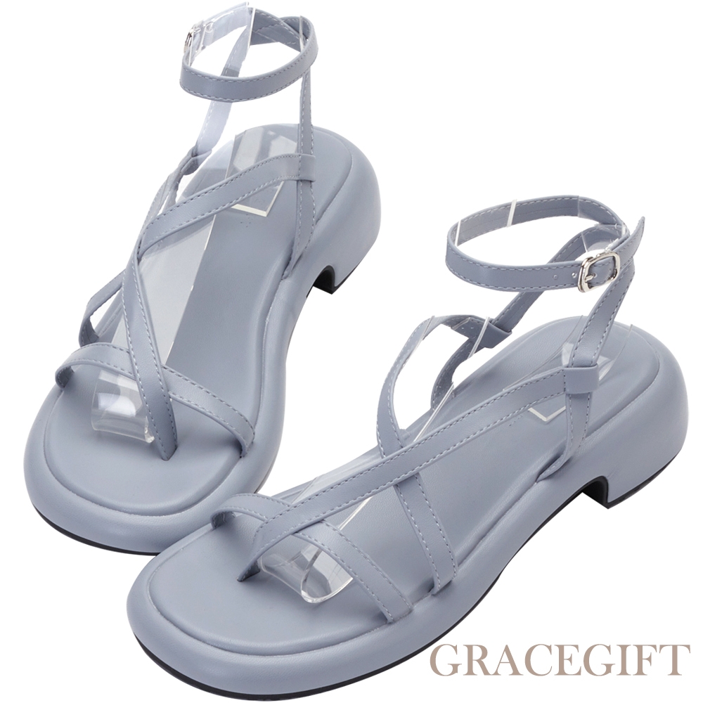 【Grace Gift】不規則帶圓頭中跟涼鞋  藍灰