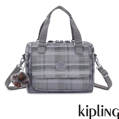 Kipling 輕灰蘇格蘭紋翻蓋手提側背包-ZEVA