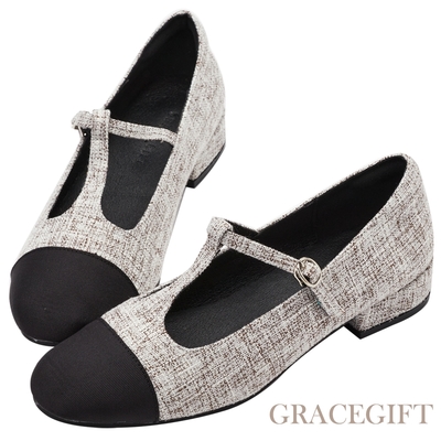 【Grace Gift】T字撞色低跟瑪莉珍鞋 黑混織