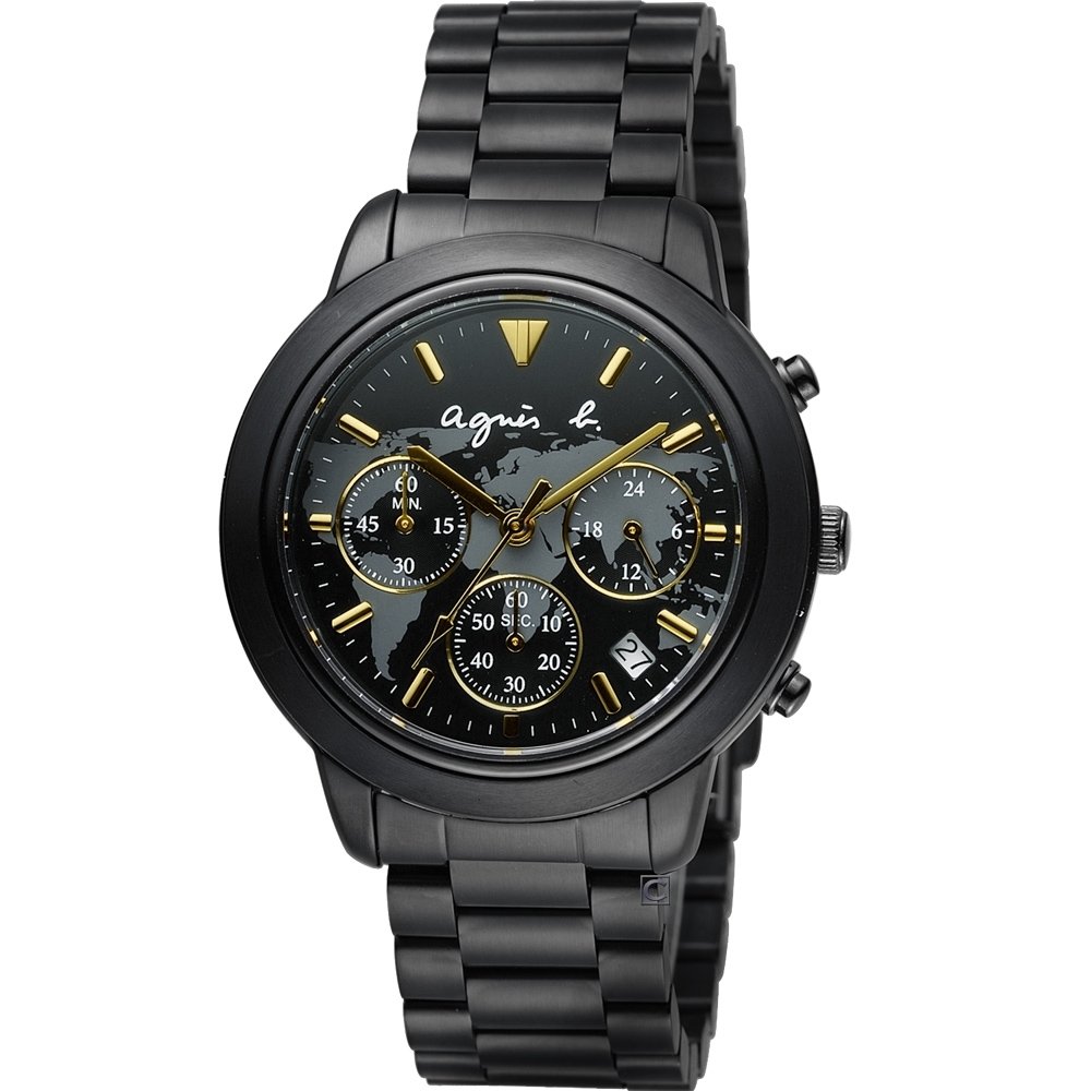 agnes b. 經典世界地圖時尚腕錶 BT3020X1 VD53-KQ00F-黑x金/40mm