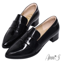 Ann’S時髦復古2.0-頂級綿羊皮韓系粗跟樂福休閒便鞋-漆皮黑