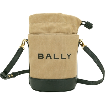 BALLY Bar LOGO帆布拼牛皮抽繩內袋肩背/斜背水桶包(駝色)