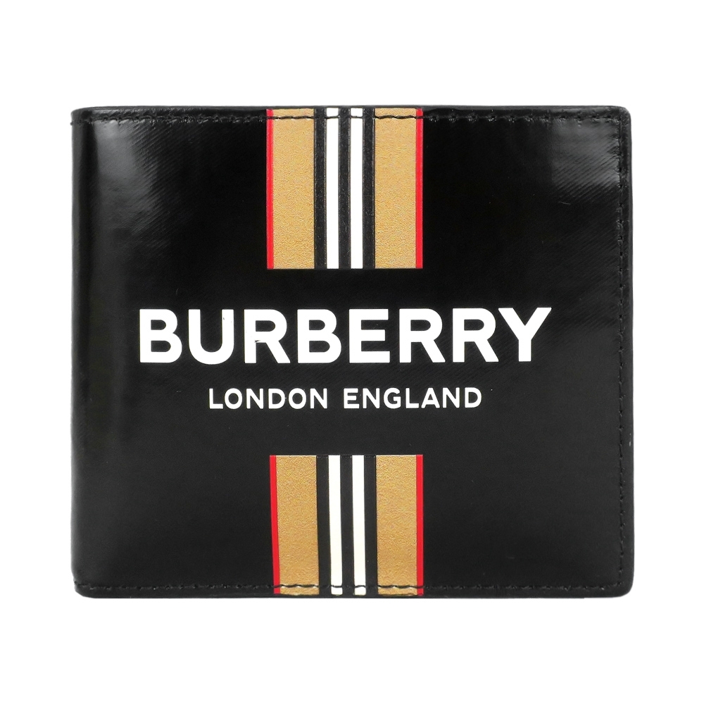 BURBERRY 經典條紋LOGO印花牛皮短夾(黑)