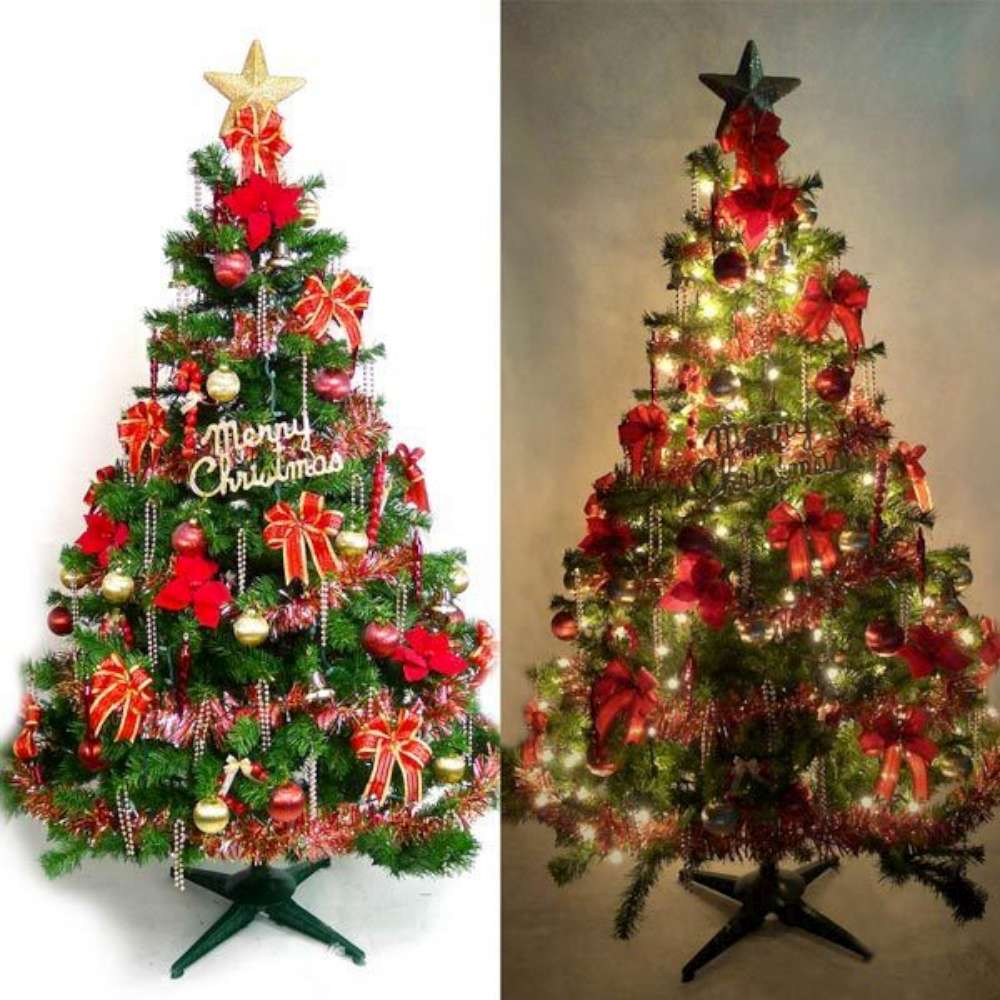 摩達客 12尺豪華版裝飾綠聖誕樹+紅金色系配件組+100燈鎢絲樹燈8串