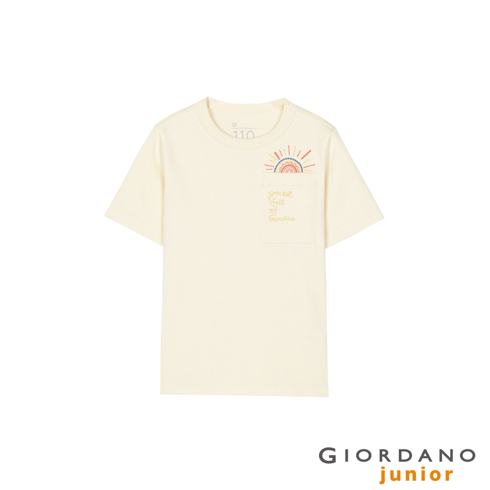 GIORDANO 童裝柔滑口袋夏日刺繡T恤 - 05 白鷺白